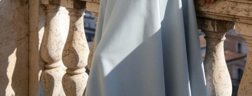Rochie elegantă evazată albastră cu volane pe umeri Nessaza de la Renee