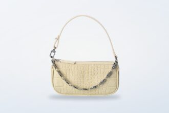 By FAR Rachel Mini Croc-Embossed Leather Shoulder Bag in white croc-embossed leather