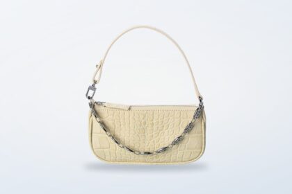 By FAR Rachel Mini Croc-Embossed Leather Shoulder Bag in white croc-embossed leather