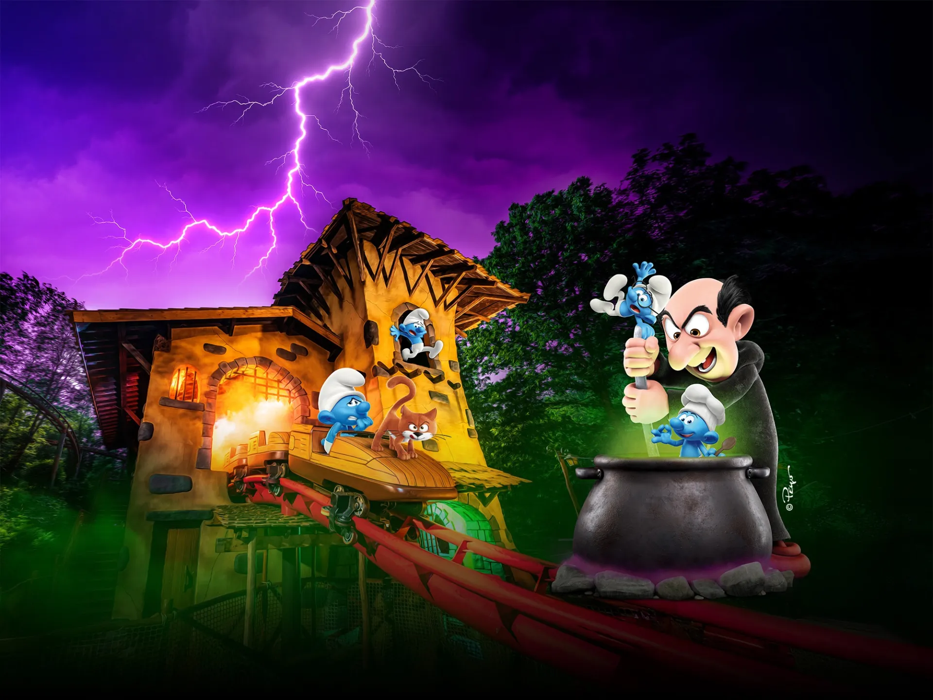 Décor Halloween avec les Schtroumpfs à Plopsaland Ardennes